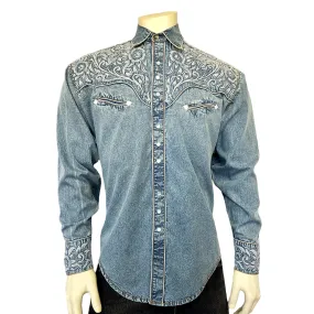 Men's Vintage Tooling Embroidered Denim & Blue Western Shirt