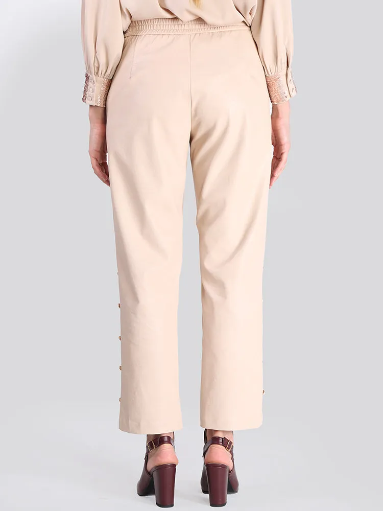 2104002- Straight Leather Pants Button Linen Trim