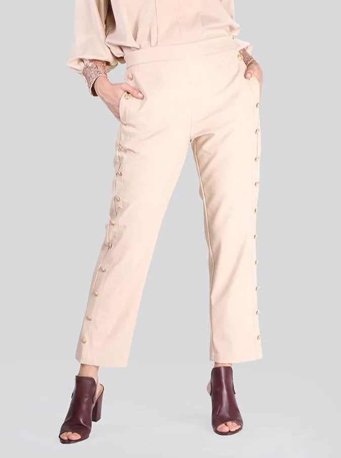 2104002- Straight Leather Pants Button Linen Trim