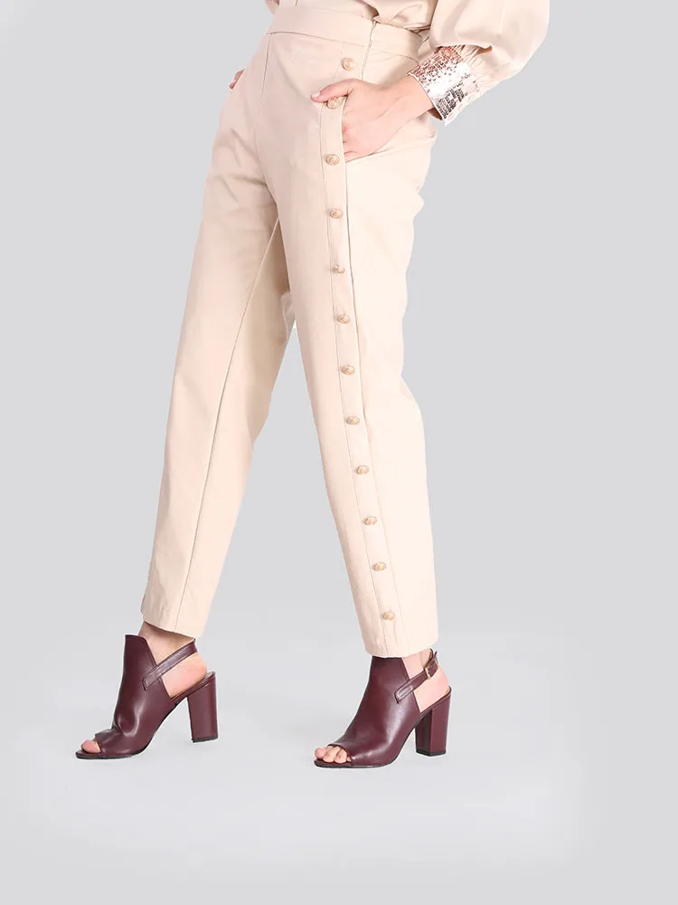 2104002- Straight Leather Pants Button Linen Trim