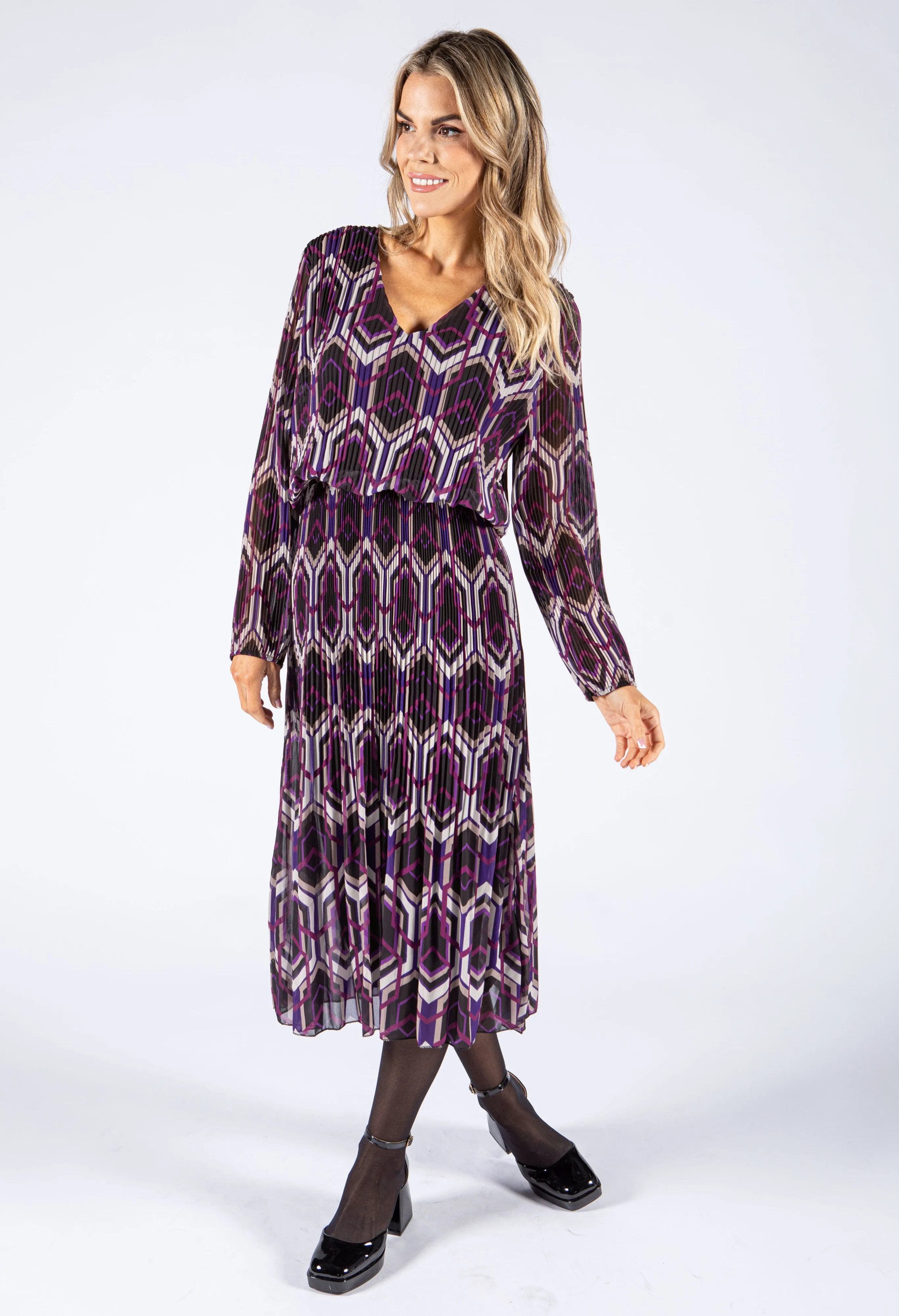 Abstract Print Plisse Popover Dress