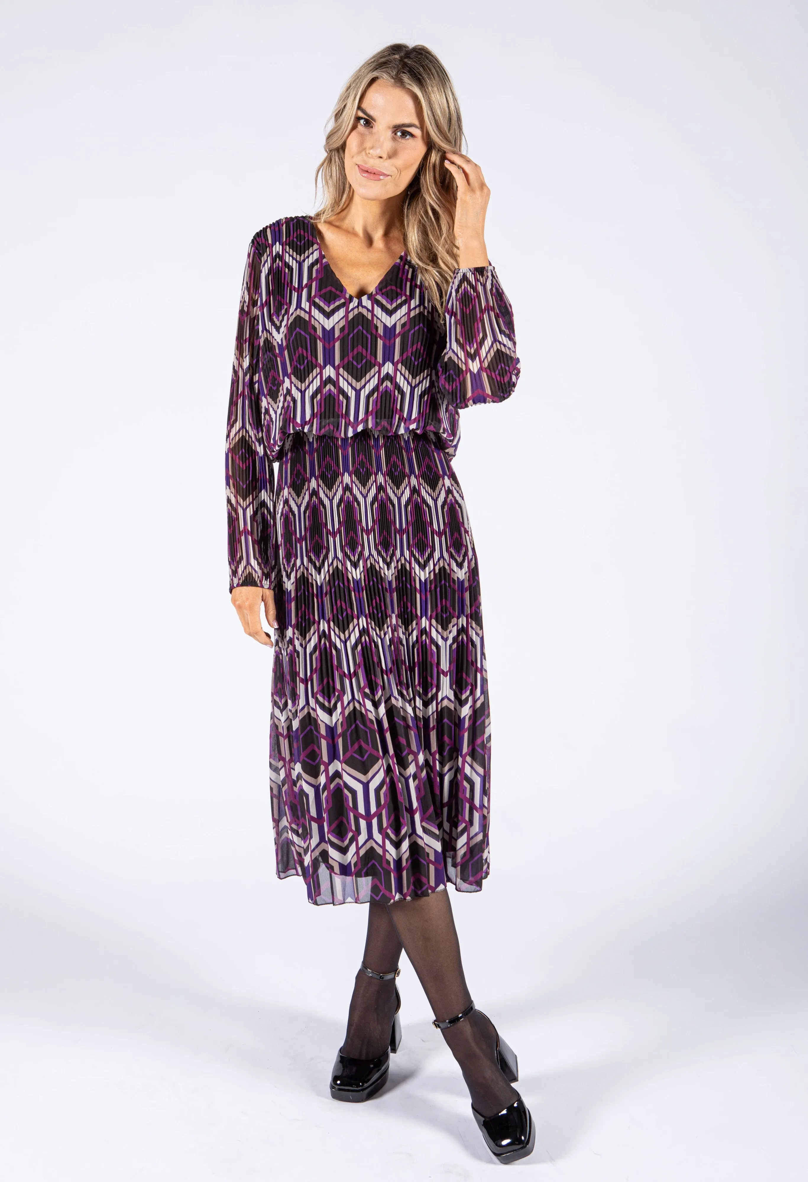 Abstract Print Plisse Popover Dress