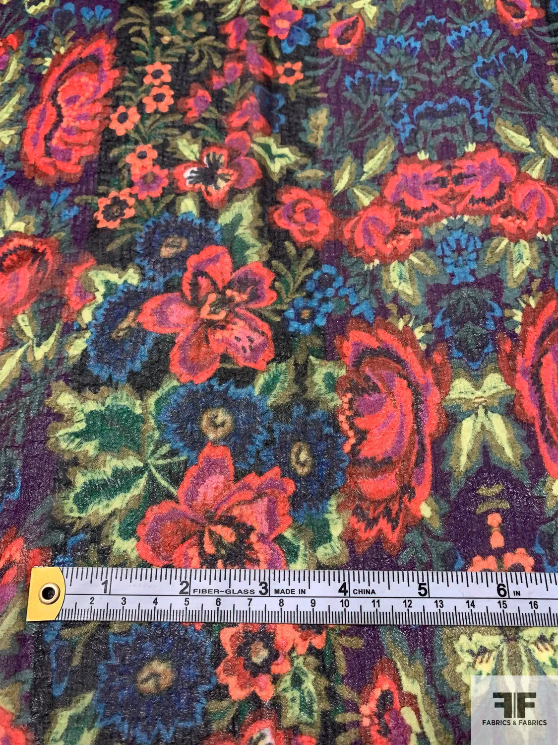 Anna Sui Floral Printed Polyester Chiffon-Georgette - Hot Orange / Yellow / Purple / Blue / Dark Greens