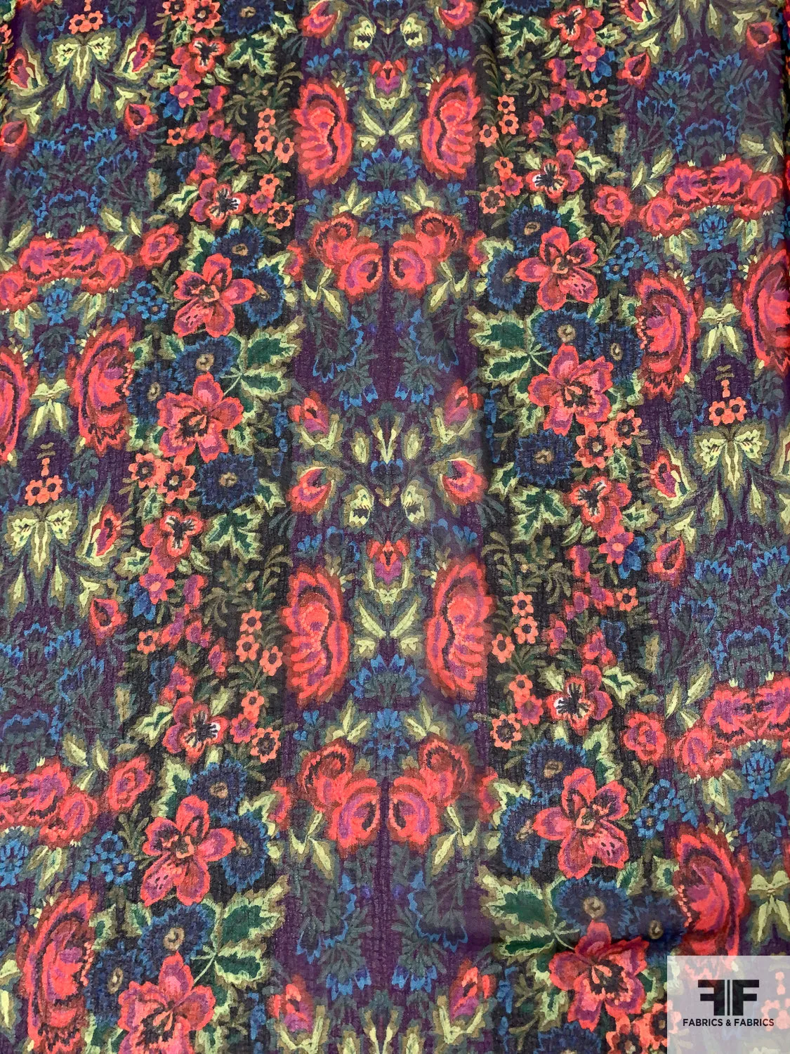 Anna Sui Floral Printed Polyester Chiffon-Georgette - Hot Orange / Yellow / Purple / Blue / Dark Greens