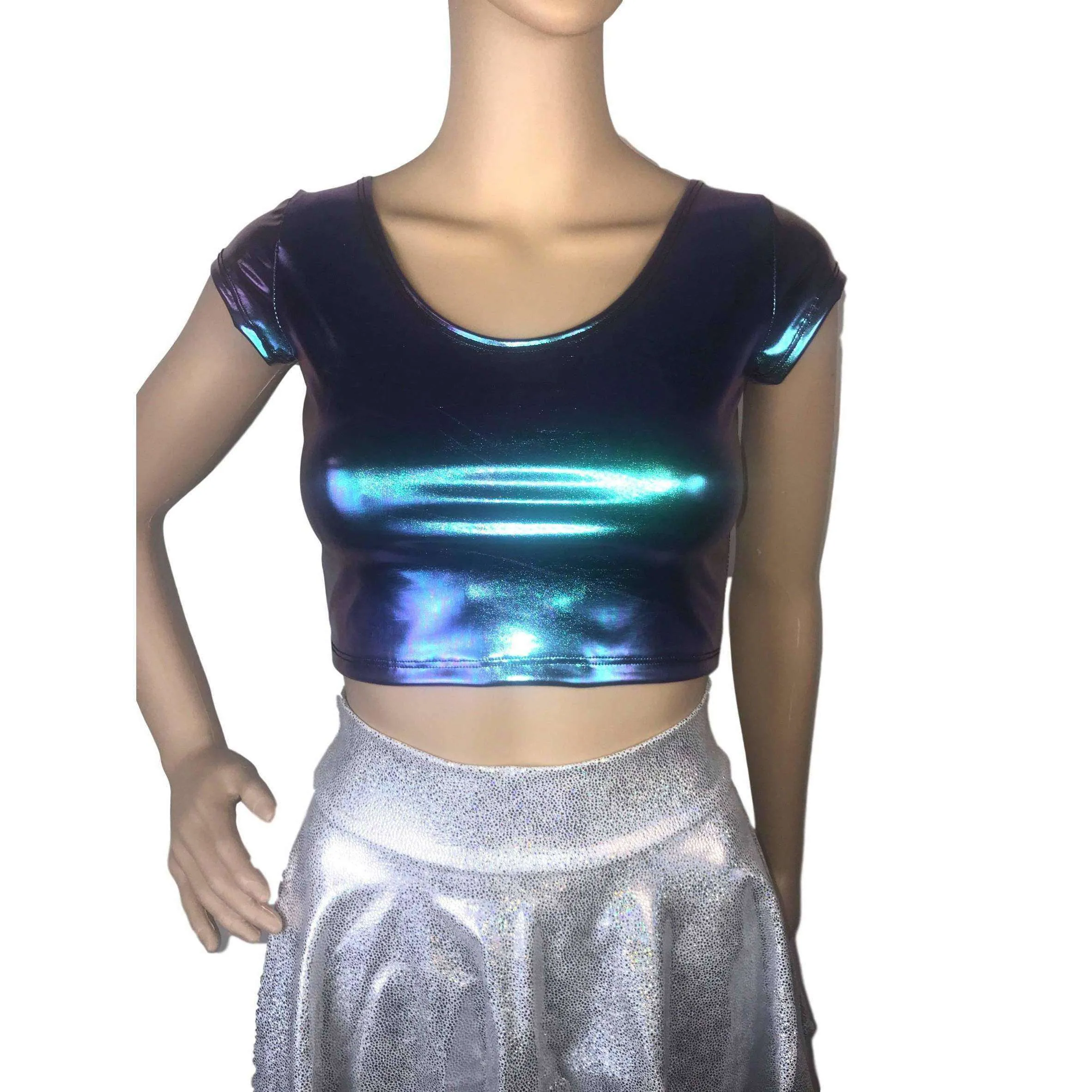 Cap Sleeve Crop Top - Oil Slick Holographic