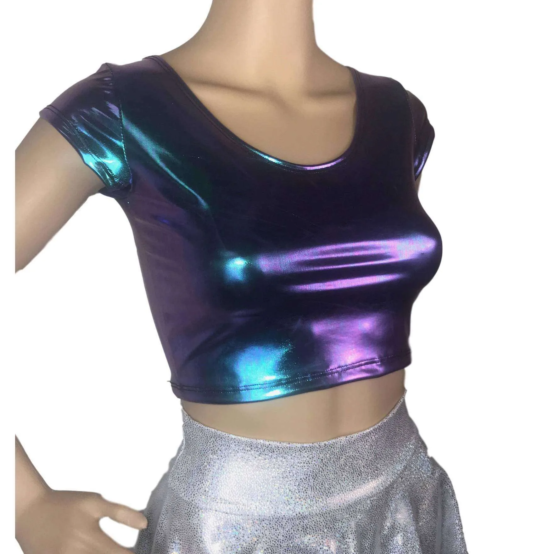 Cap Sleeve Crop Top - Oil Slick Holographic