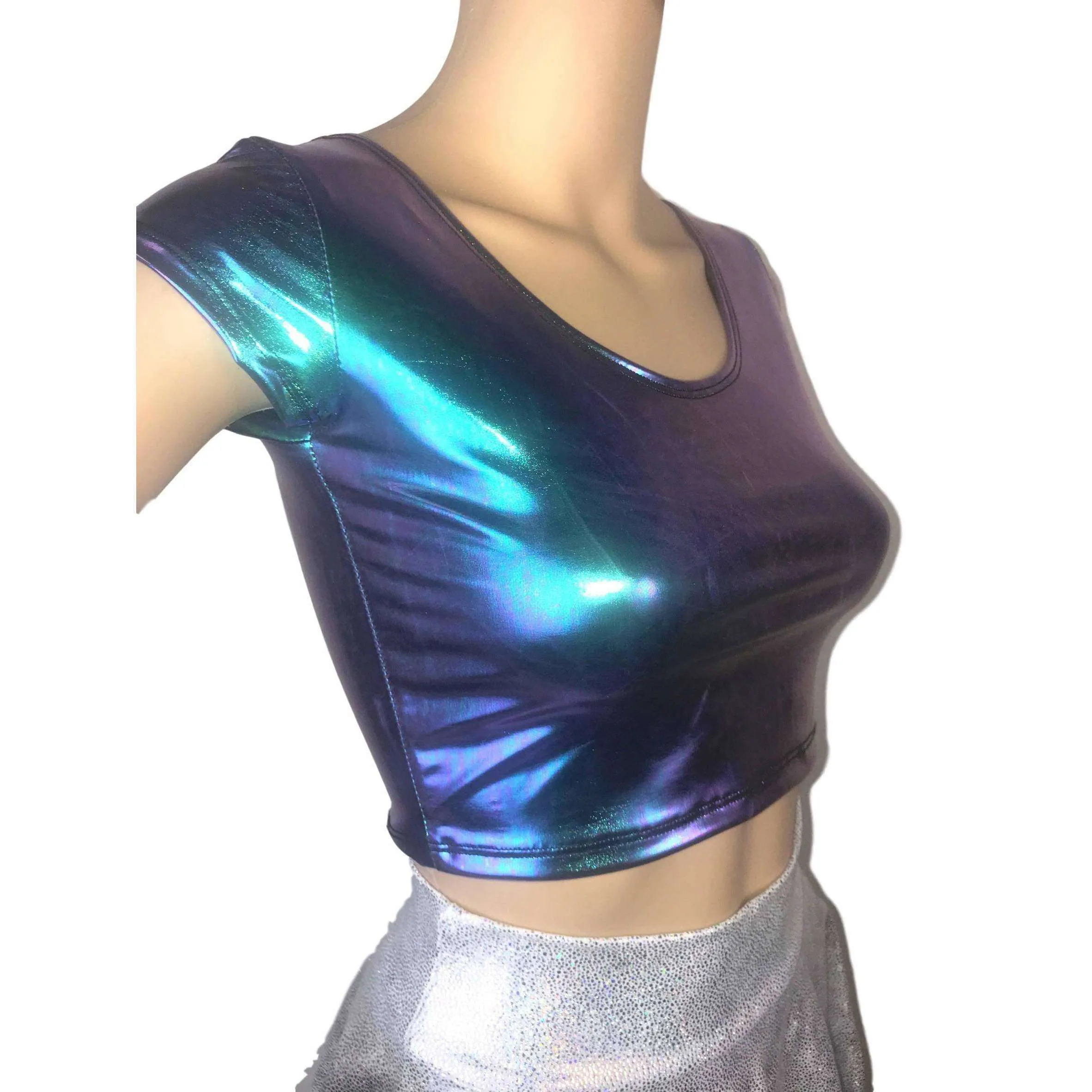 Cap Sleeve Crop Top - Oil Slick Holographic