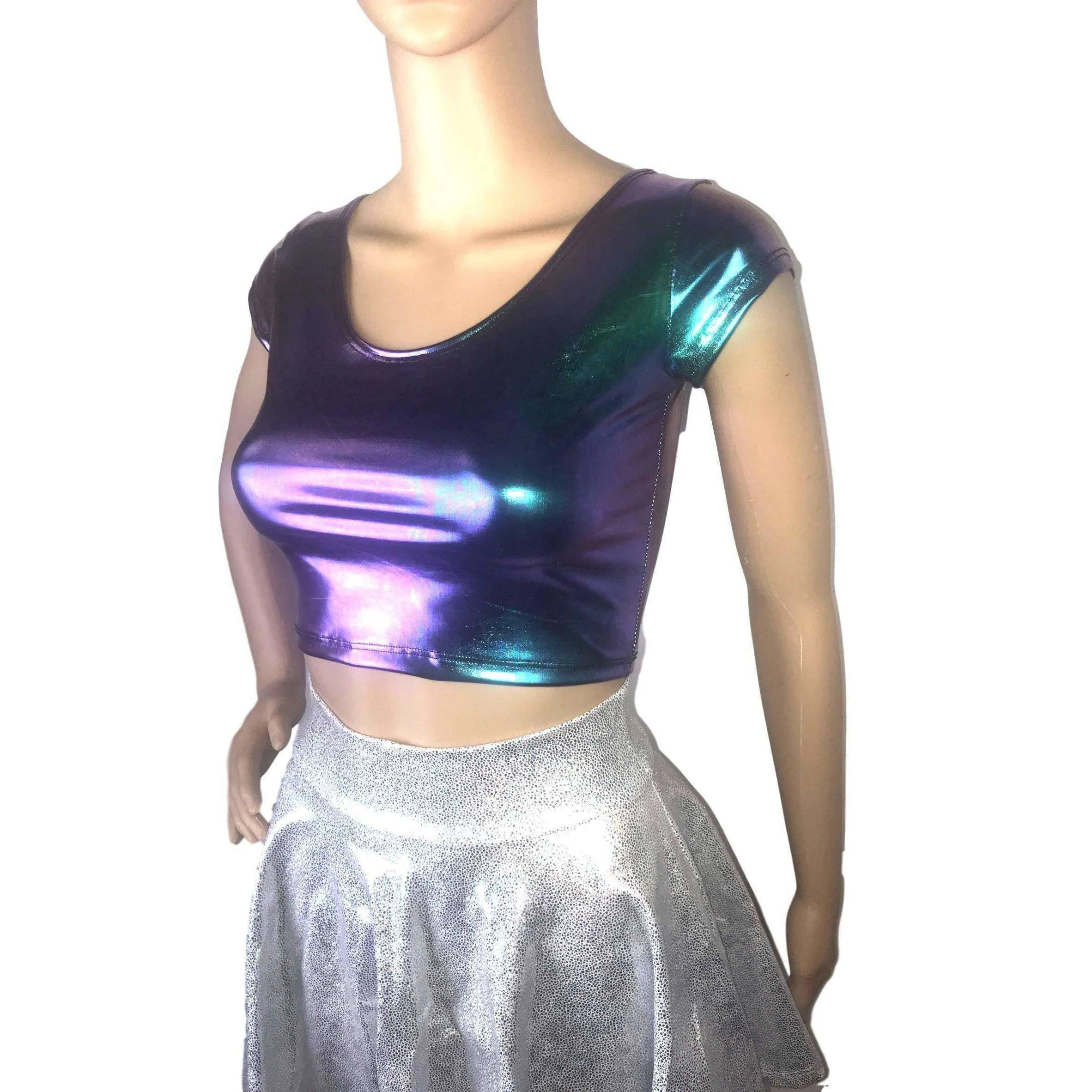 Cap Sleeve Crop Top - Oil Slick Holographic