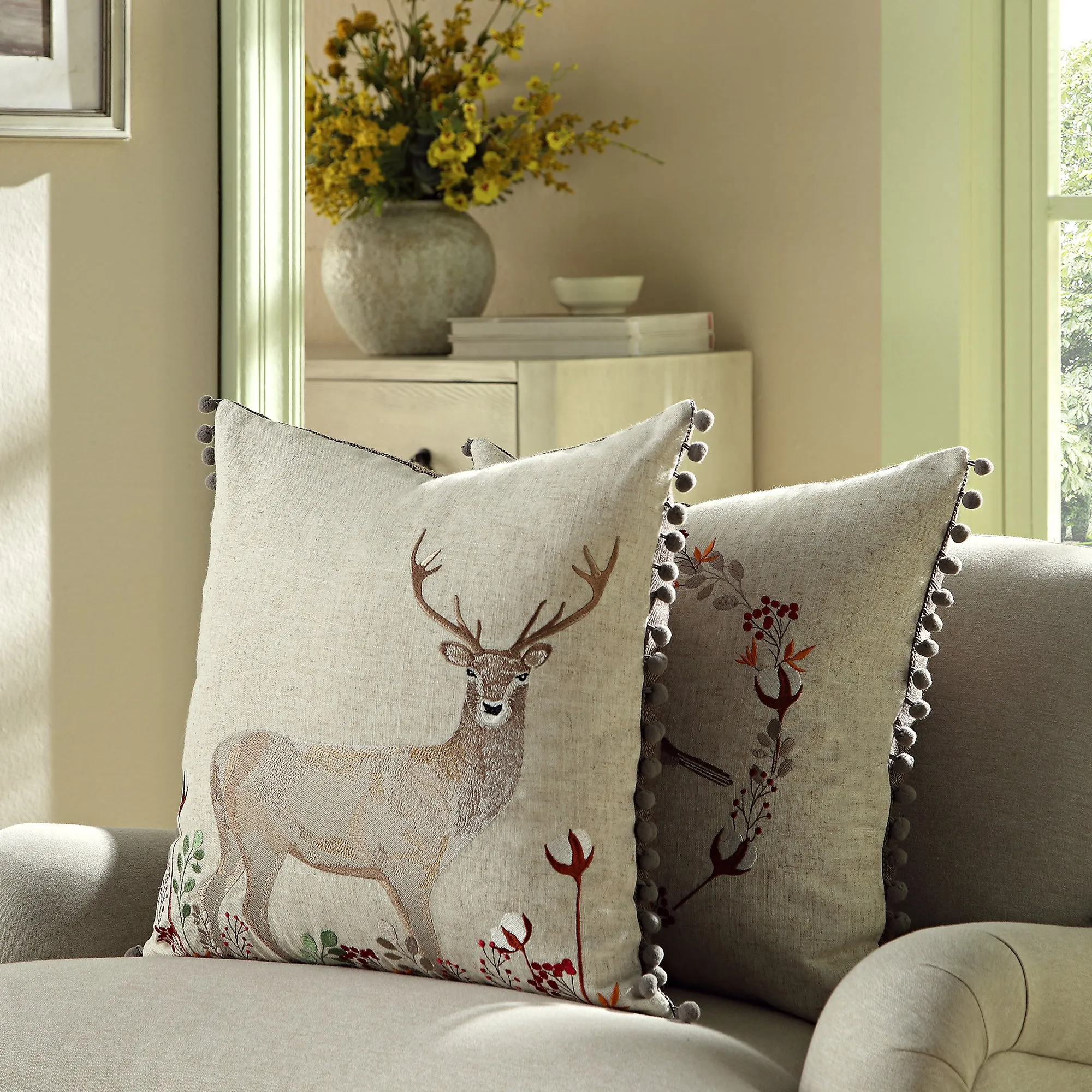 Country Collection Stag Embroidered Linen Blend Cushion