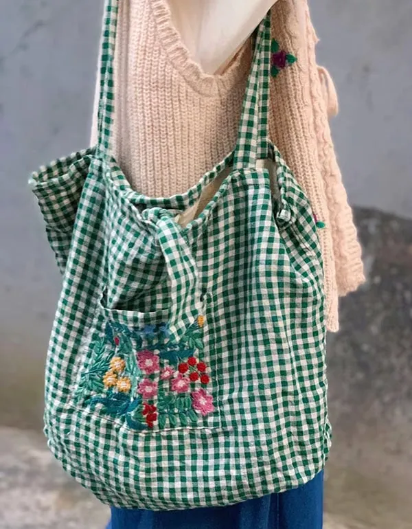 Country Style Embroidered Plaid Shoulder Bag