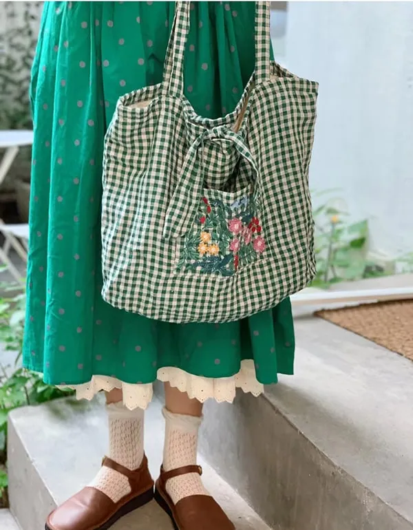 Country Style Embroidered Plaid Shoulder Bag