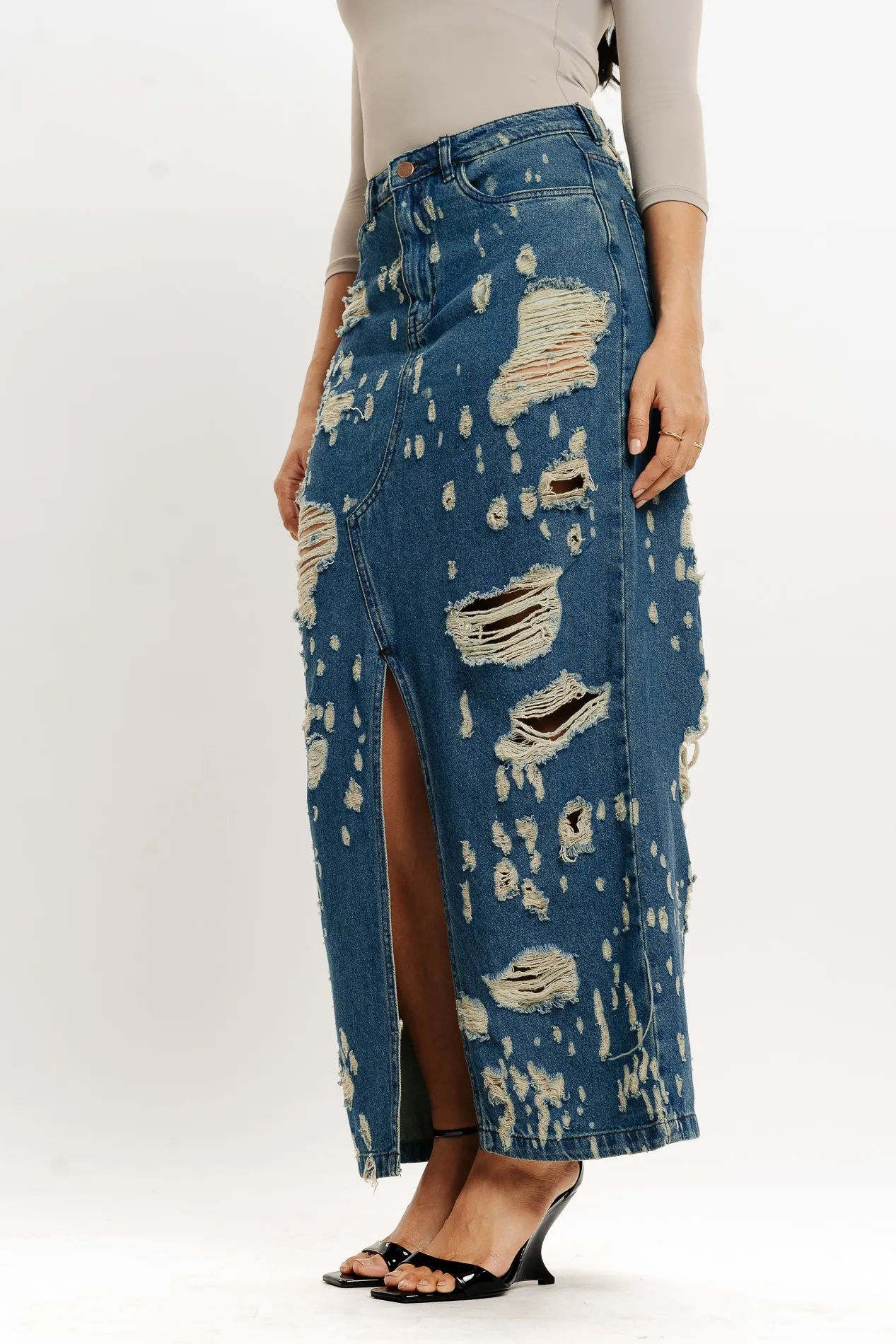 Distressed Tinted Front Slit Denim Skirt