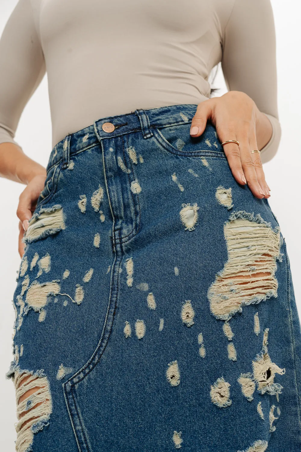 Distressed Tinted Front Slit Denim Skirt