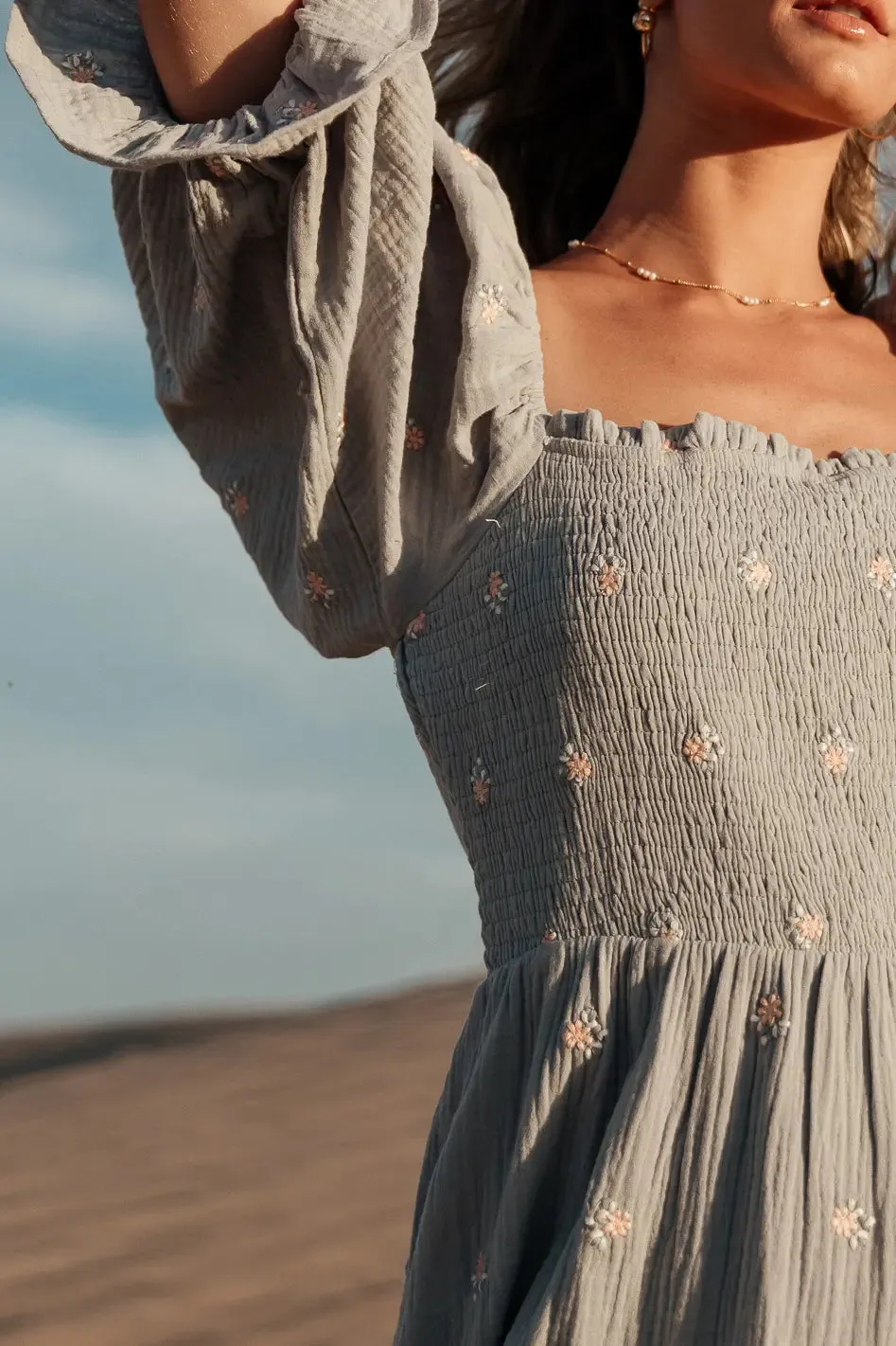 Ditsy Floral Embroidered Dress in Blue