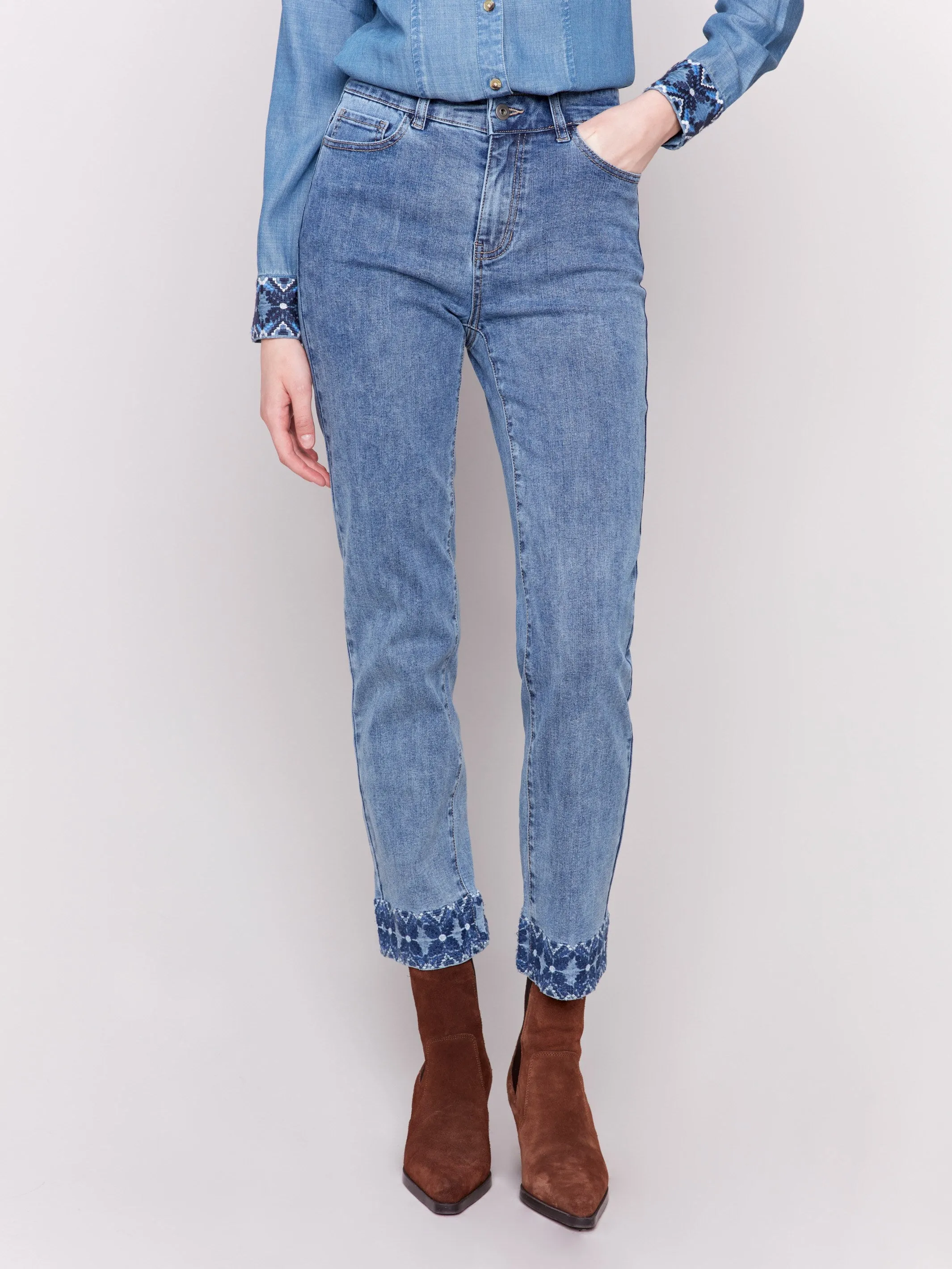 Embroidered Cuff Jeans - Medium Blue