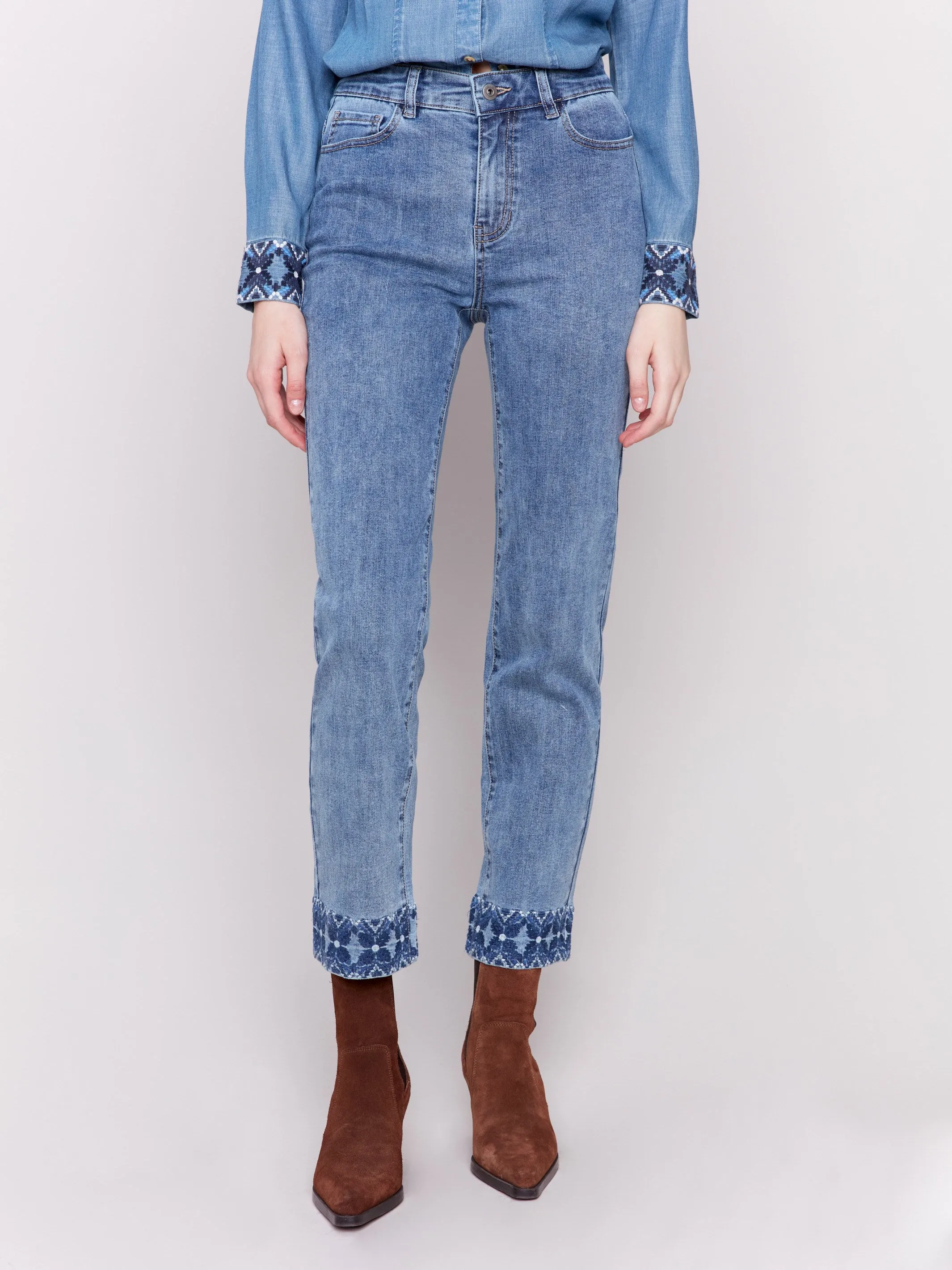 Embroidered Cuff Jeans - Medium Blue