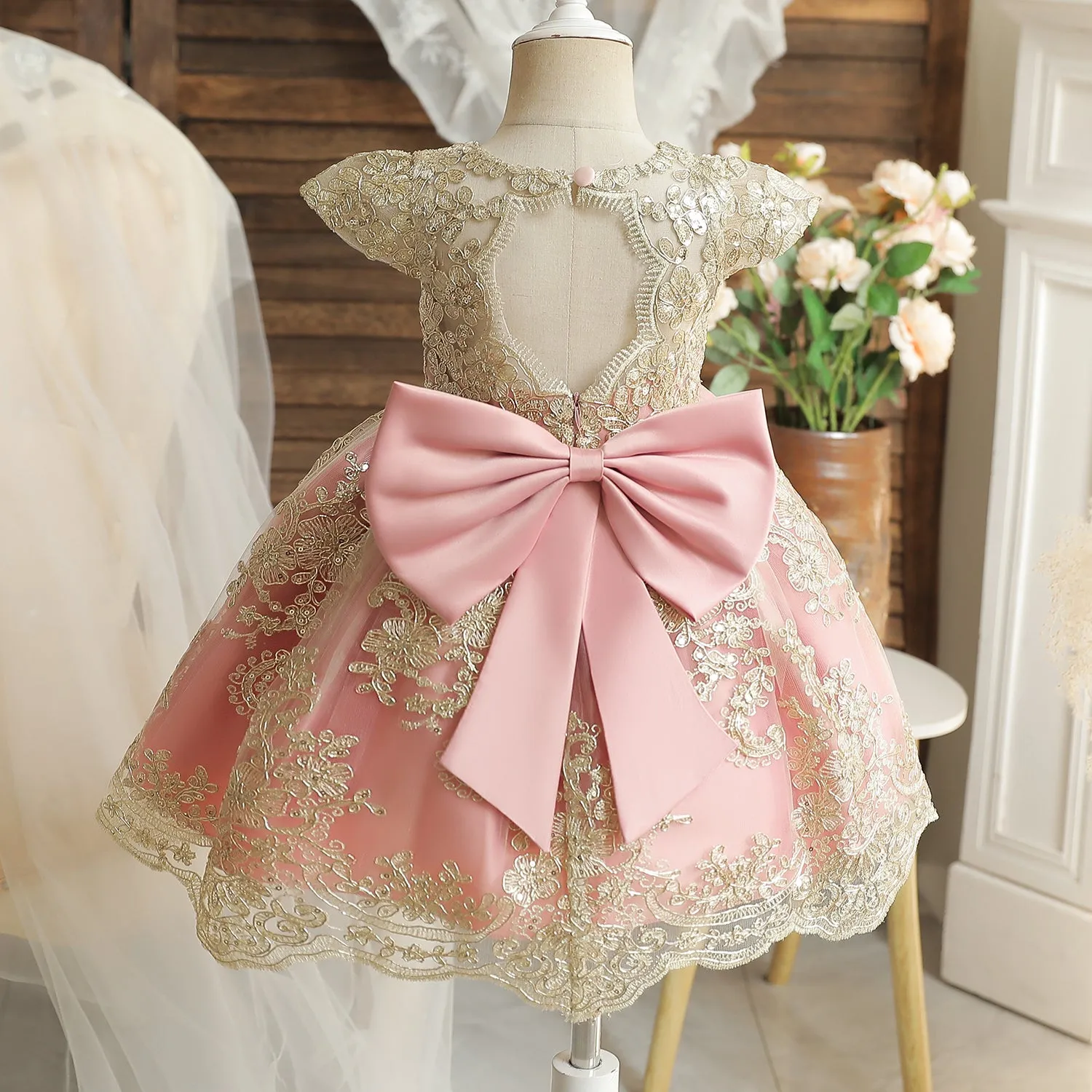 Embroidery Floral Big Bow Gown