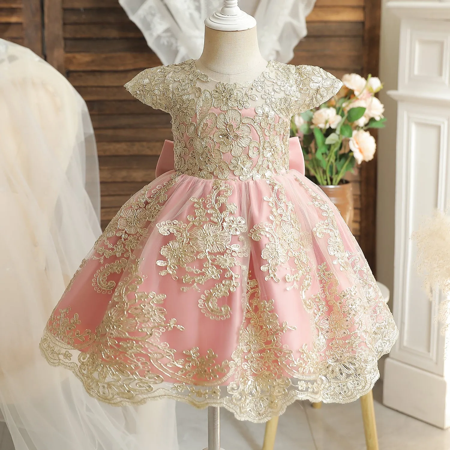 Embroidery Floral Big Bow Gown