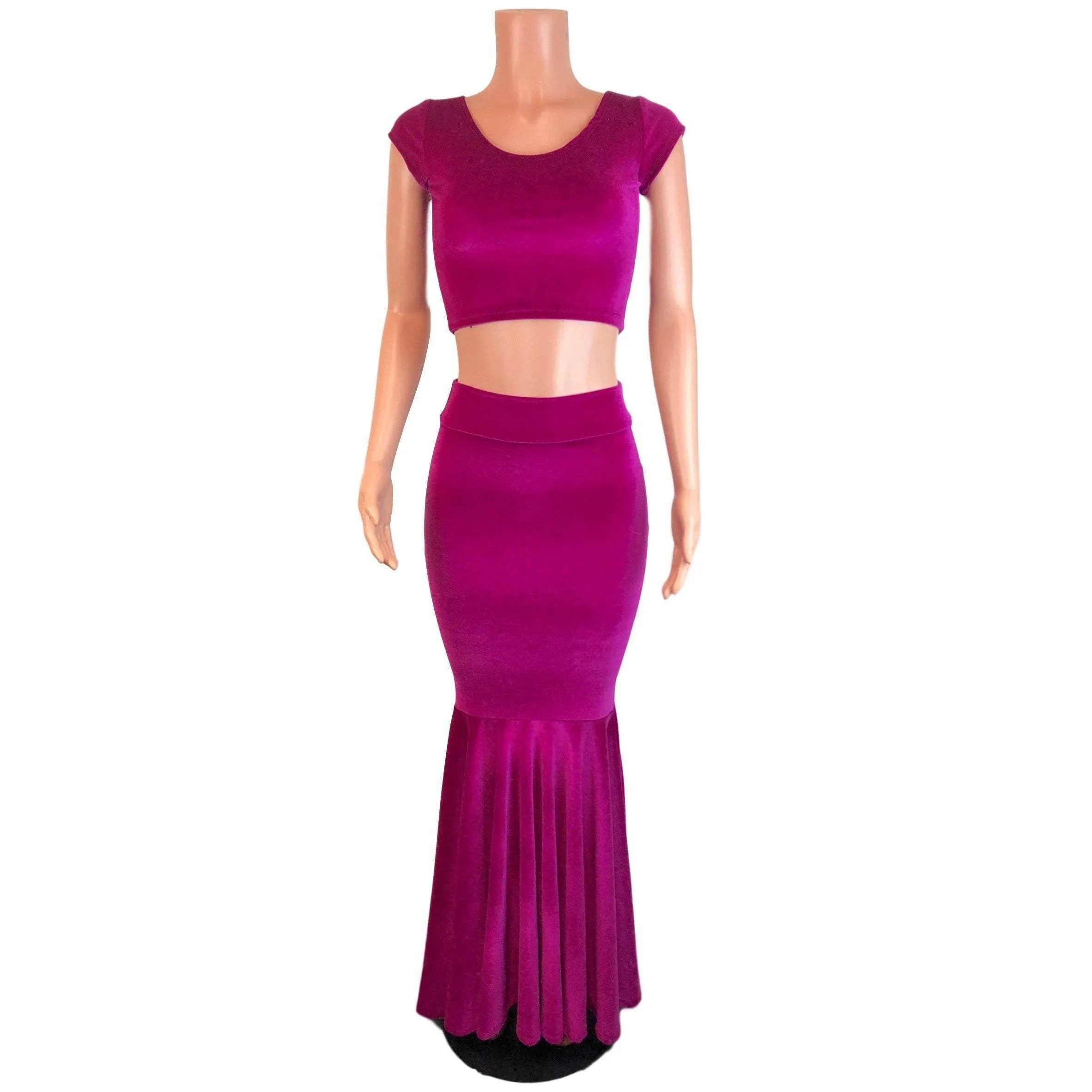 Fuchsia Pink Velvet Morticia Outfit - Mermaid Long Fit n Flare Skirt and Cap Sleeve Crop Top