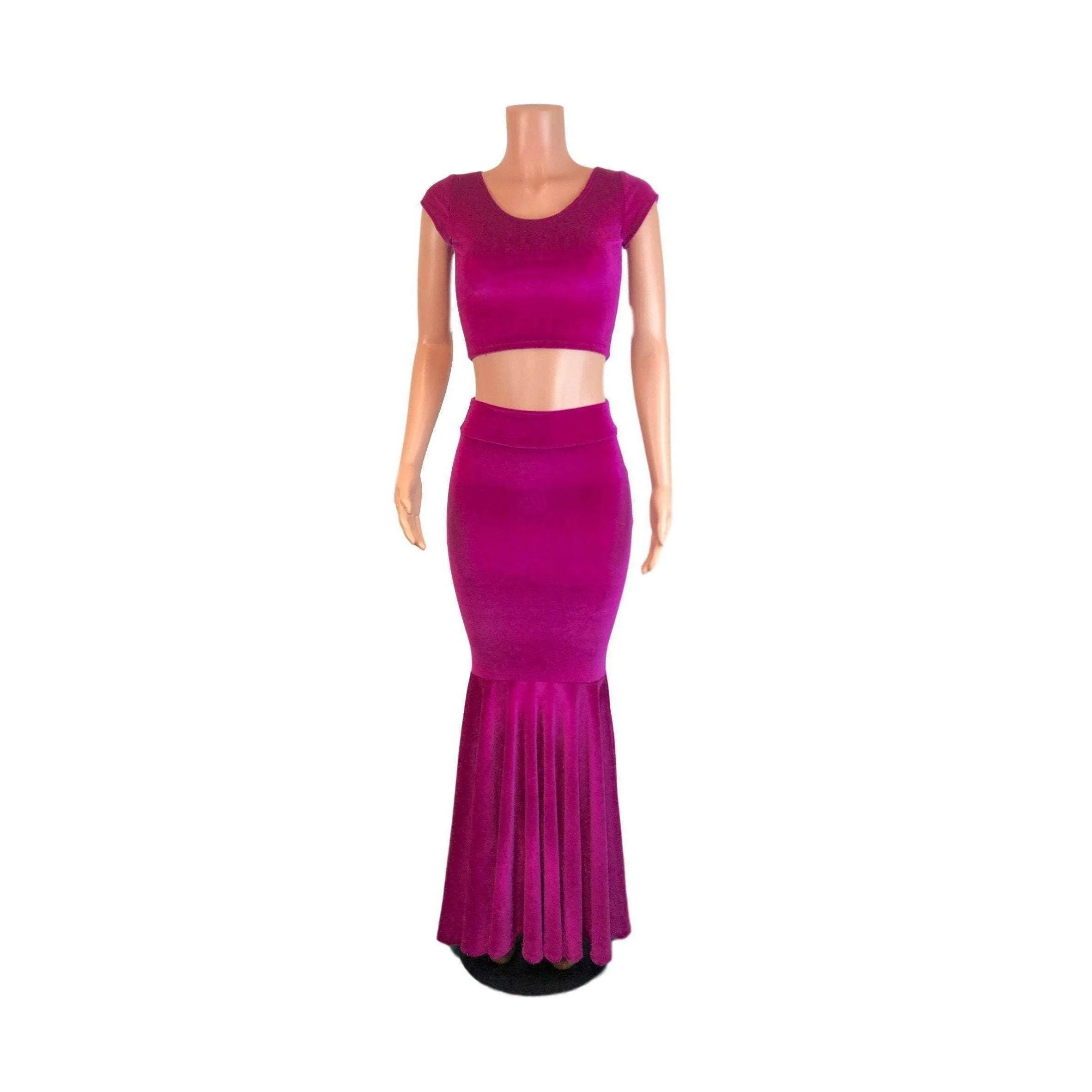 Fuchsia Pink Velvet Morticia Outfit - Mermaid Long Fit n Flare Skirt and Cap Sleeve Crop Top