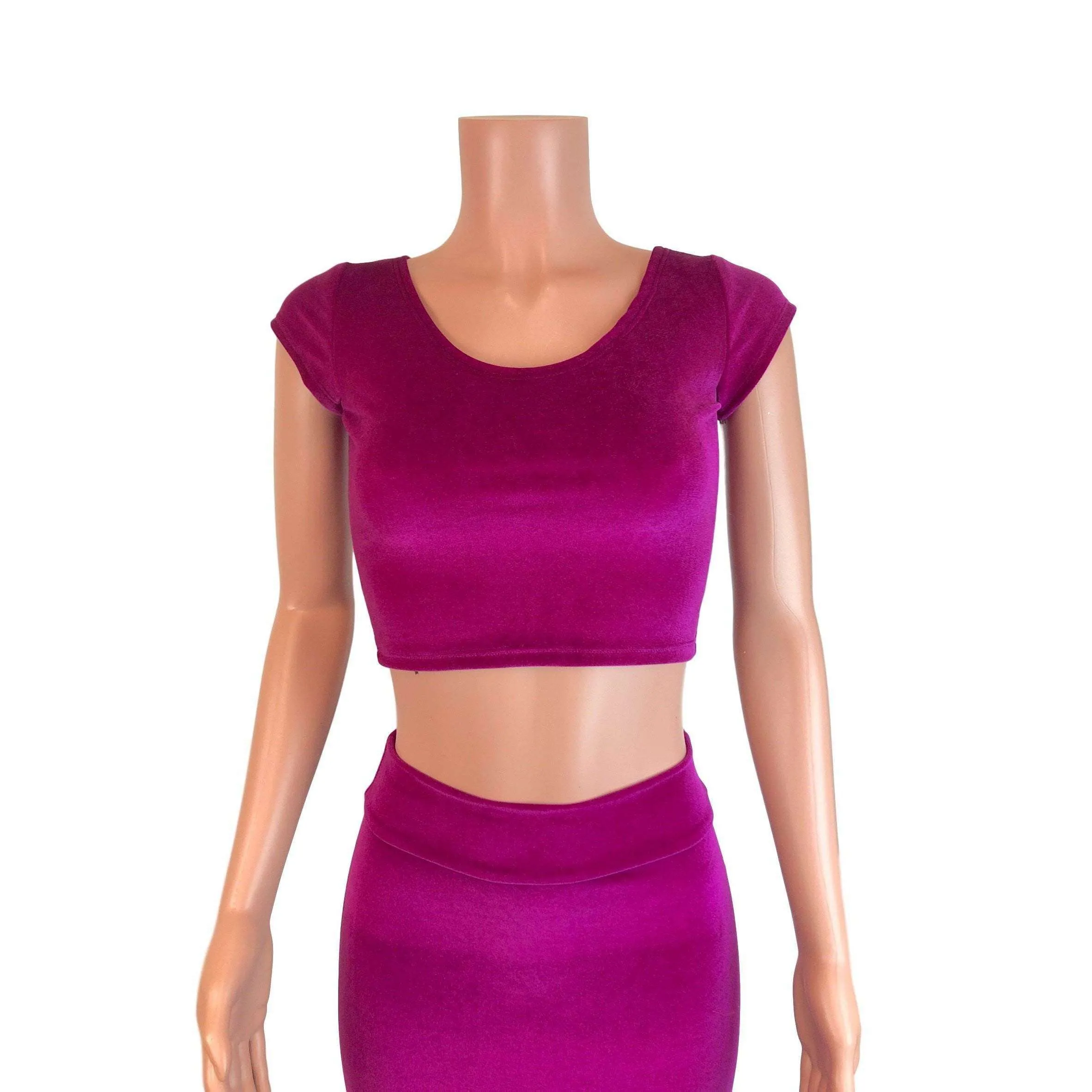 Fuchsia Pink Velvet Morticia Outfit - Mermaid Long Fit n Flare Skirt and Cap Sleeve Crop Top