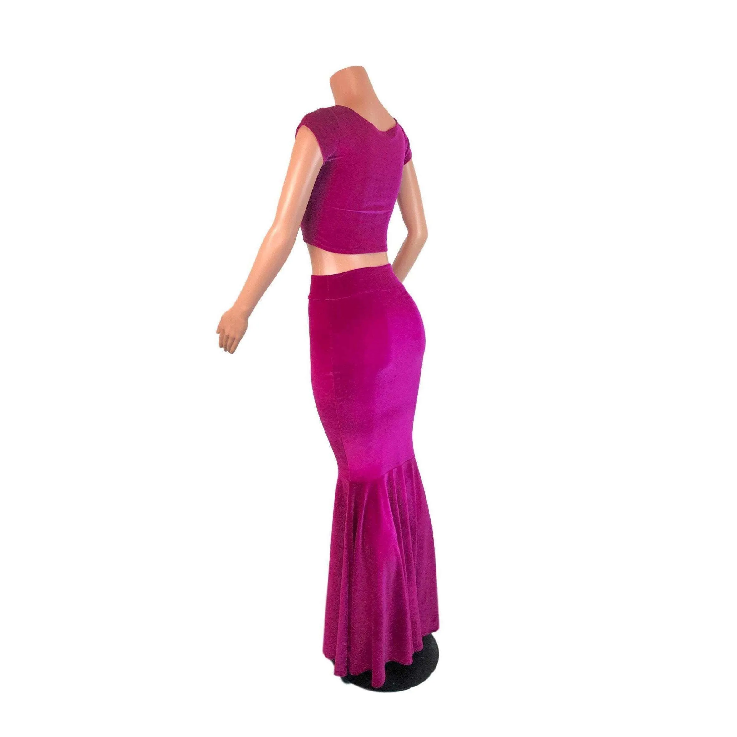 Fuchsia Pink Velvet Morticia Outfit - Mermaid Long Fit n Flare Skirt and Cap Sleeve Crop Top