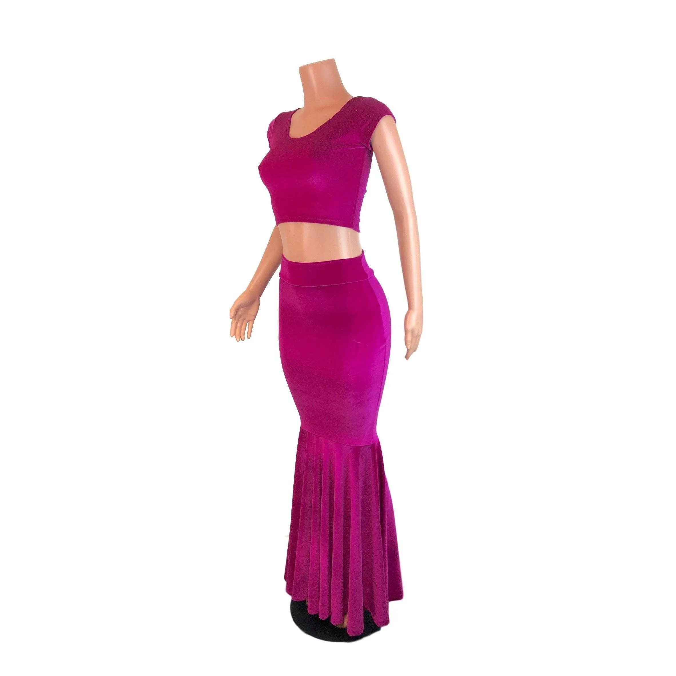 Fuchsia Pink Velvet Morticia Outfit - Mermaid Long Fit n Flare Skirt and Cap Sleeve Crop Top