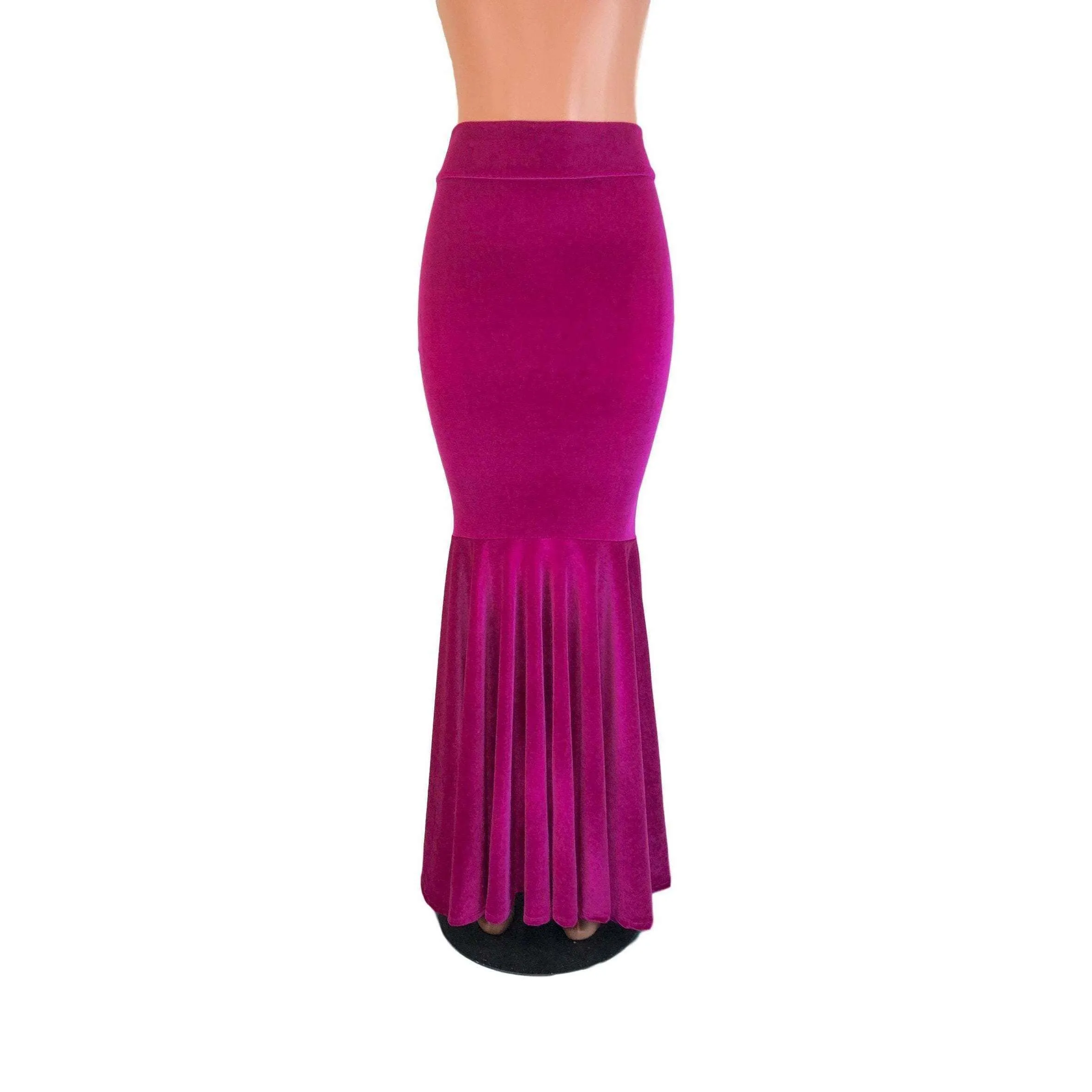 Fuchsia Pink Velvet Morticia Outfit - Mermaid Long Fit n Flare Skirt and Cap Sleeve Crop Top