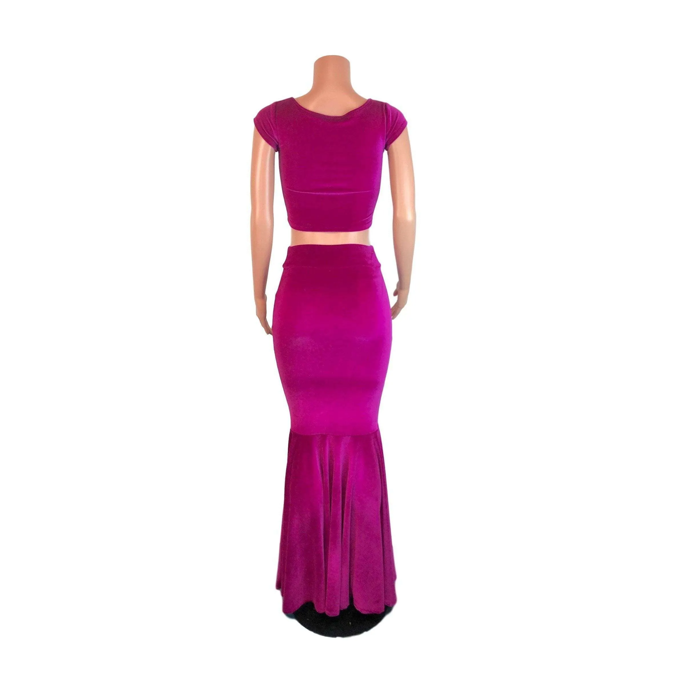 Fuchsia Pink Velvet Morticia Outfit - Mermaid Long Fit n Flare Skirt and Cap Sleeve Crop Top