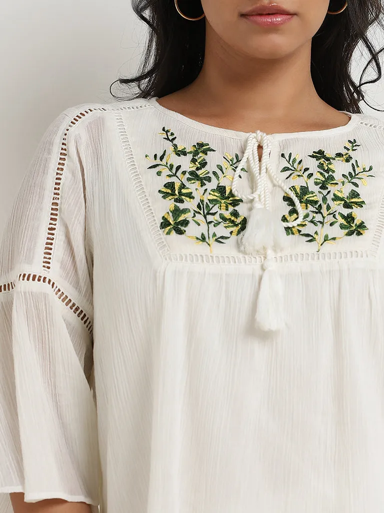 Gia Off-White Floral Embroidered Cotton Blouse