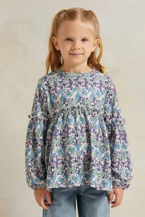 Girls Blue Floral Print Blouse With Frill Details