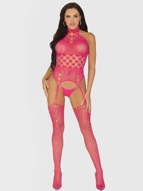 High Neck Halter Net and Lace Suspender Bodystocking