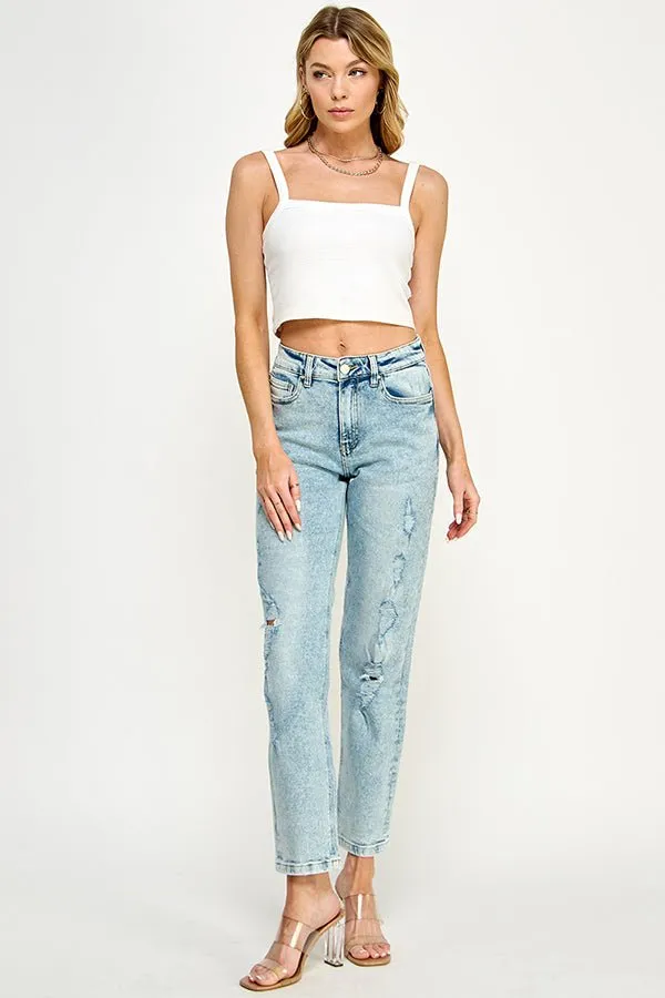 HIGH RISE DISTRESSED ANKLE STRAIGHT JEANS