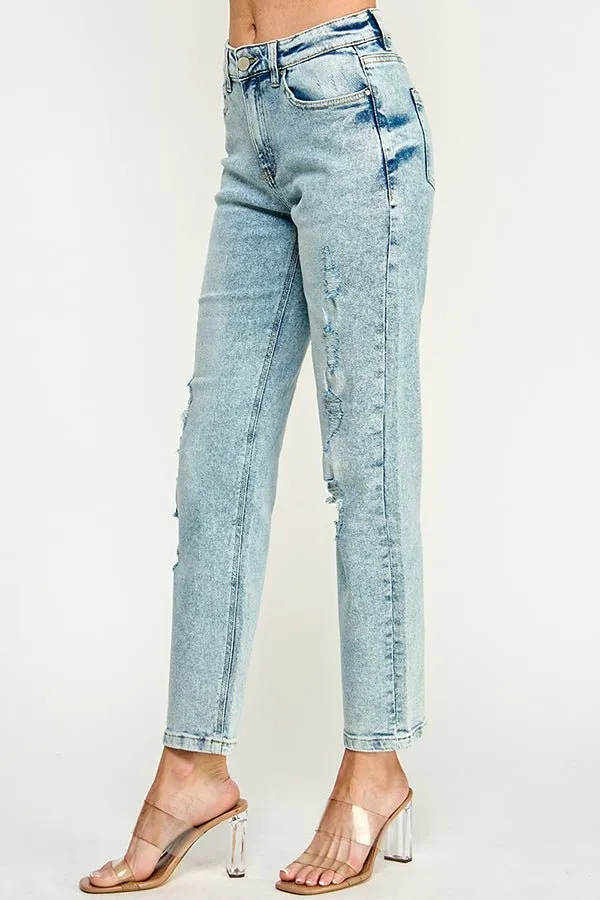 HIGH RISE DISTRESSED ANKLE STRAIGHT JEANS