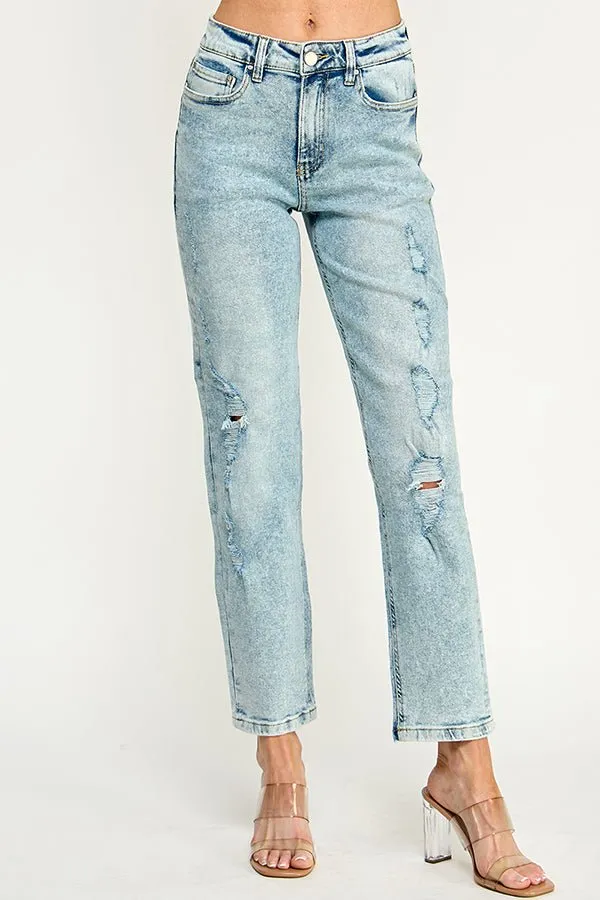 HIGH RISE DISTRESSED ANKLE STRAIGHT JEANS