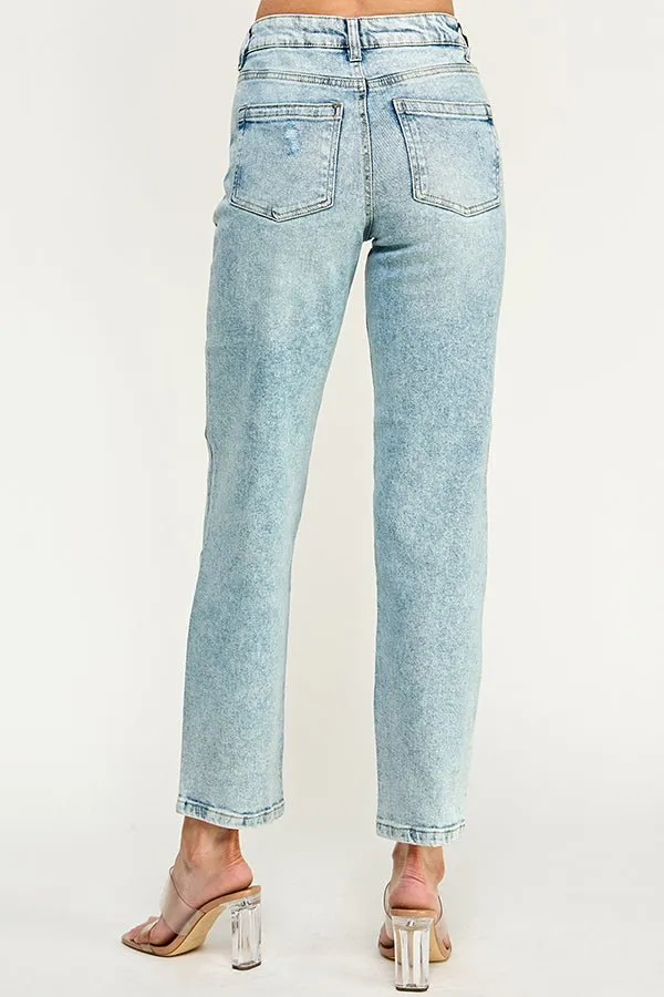 HIGH RISE DISTRESSED ANKLE STRAIGHT JEANS