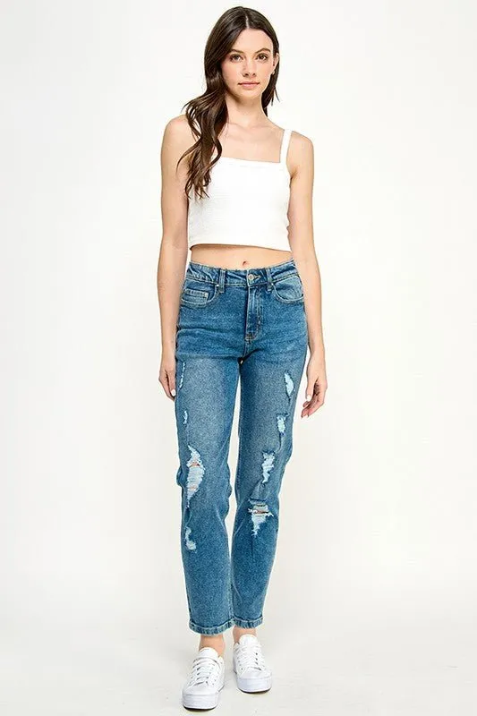 HIGH RISE DISTRESSED ANKLE STRAIGHT JEANS