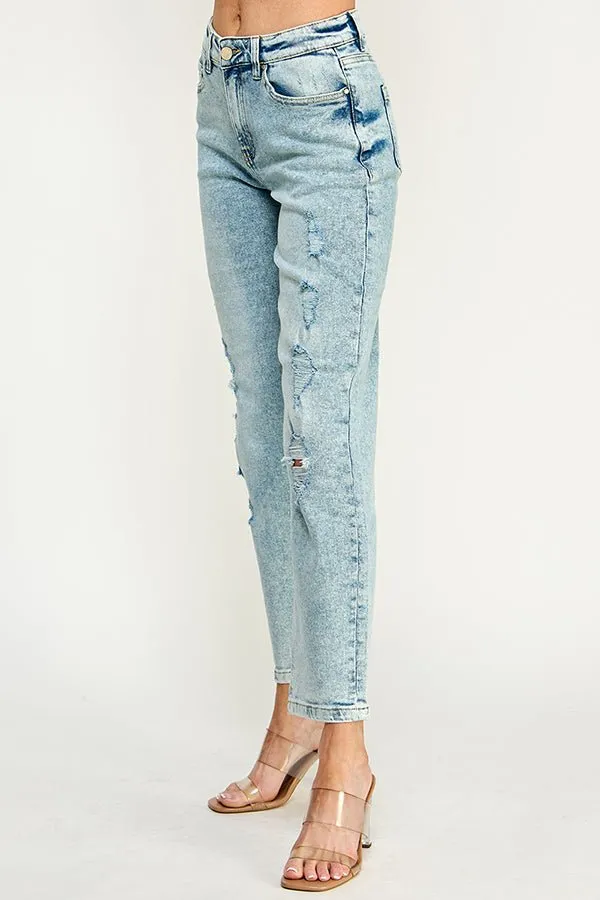 HIGH RISE DISTRESSED ANKLE STRAIGHT JEANS