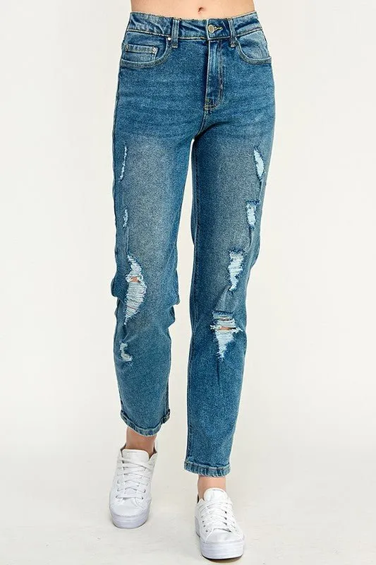 HIGH RISE DISTRESSED ANKLE STRAIGHT JEANS