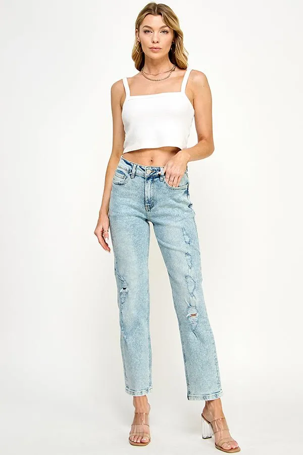 HIGH RISE DISTRESSED ANKLE STRAIGHT JEANS