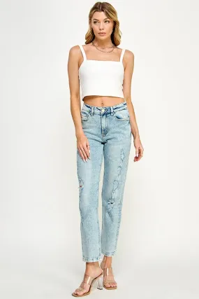 HIGH RISE DISTRESSED ANKLE STRAIGHT JEANS