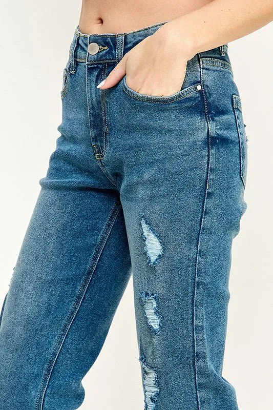 HIGH RISE DISTRESSED ANKLE STRAIGHT JEANS