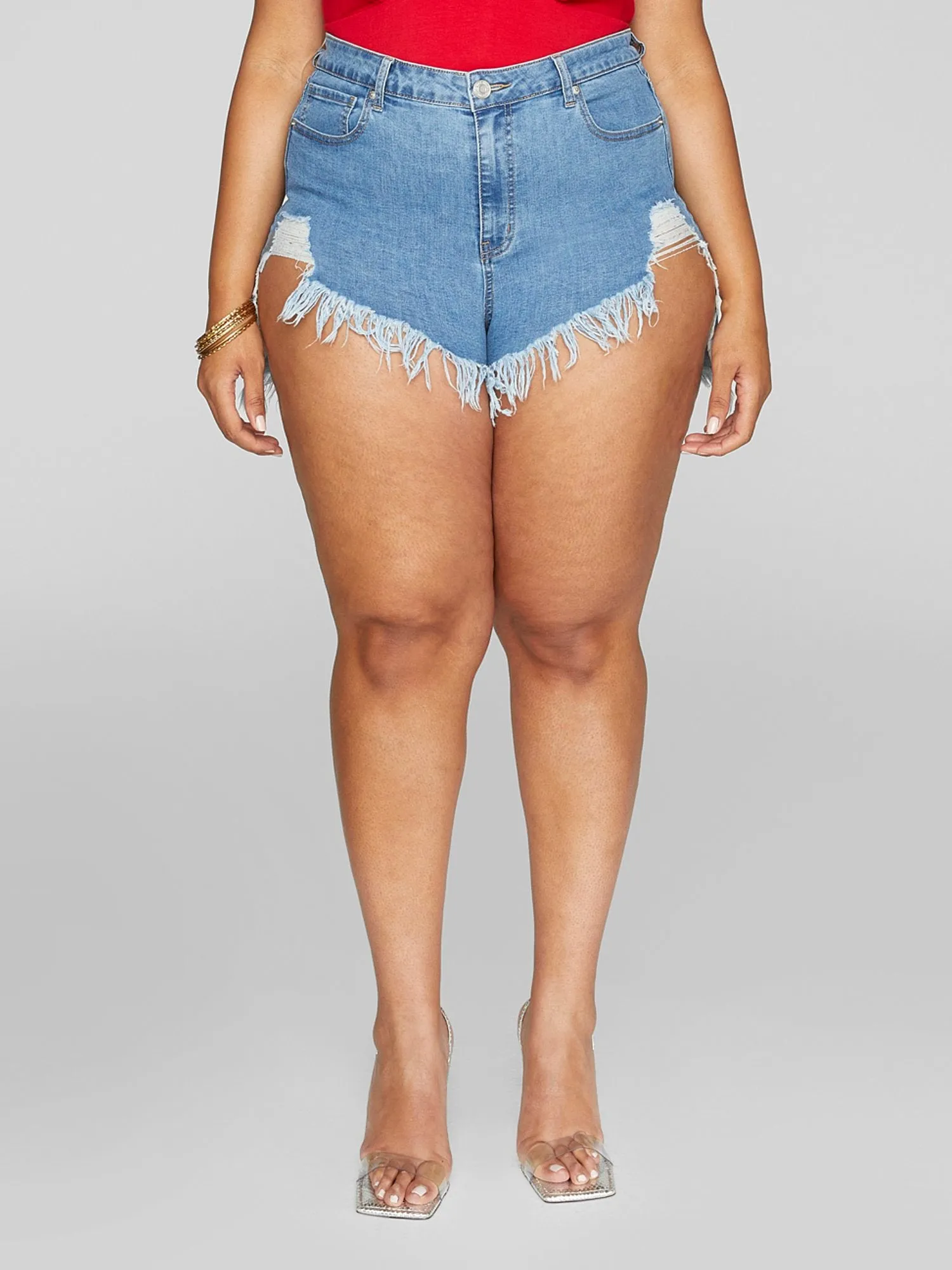 High Rise Distressed Denim Shorts with Hi-Lo Hem