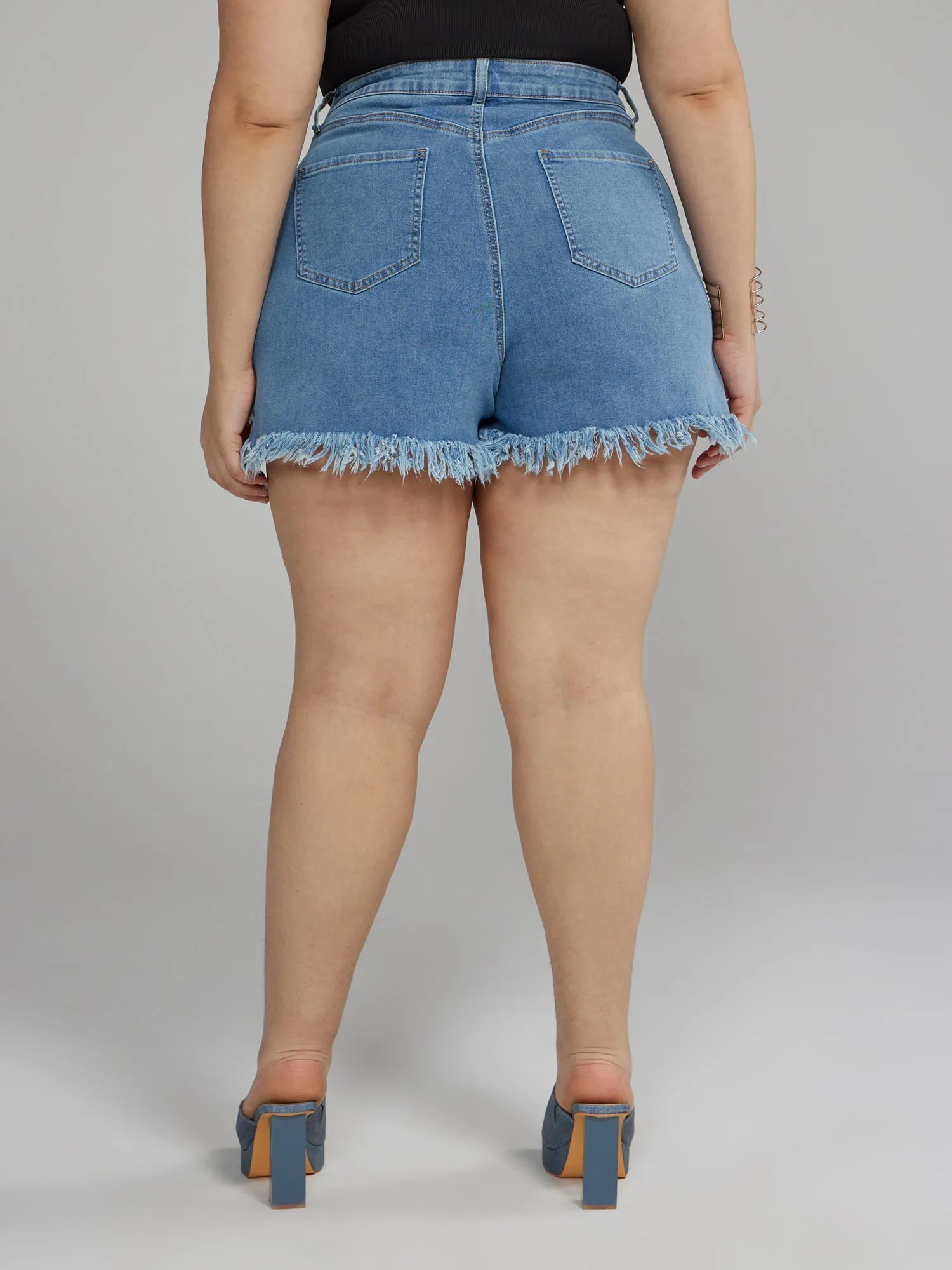 High Rise Distressed Denim Shorts with Hi-Lo Hem