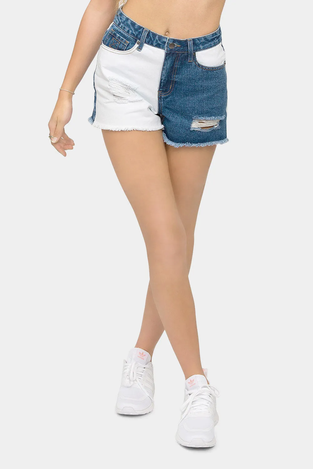 High Waist Color Block Denim Shorts