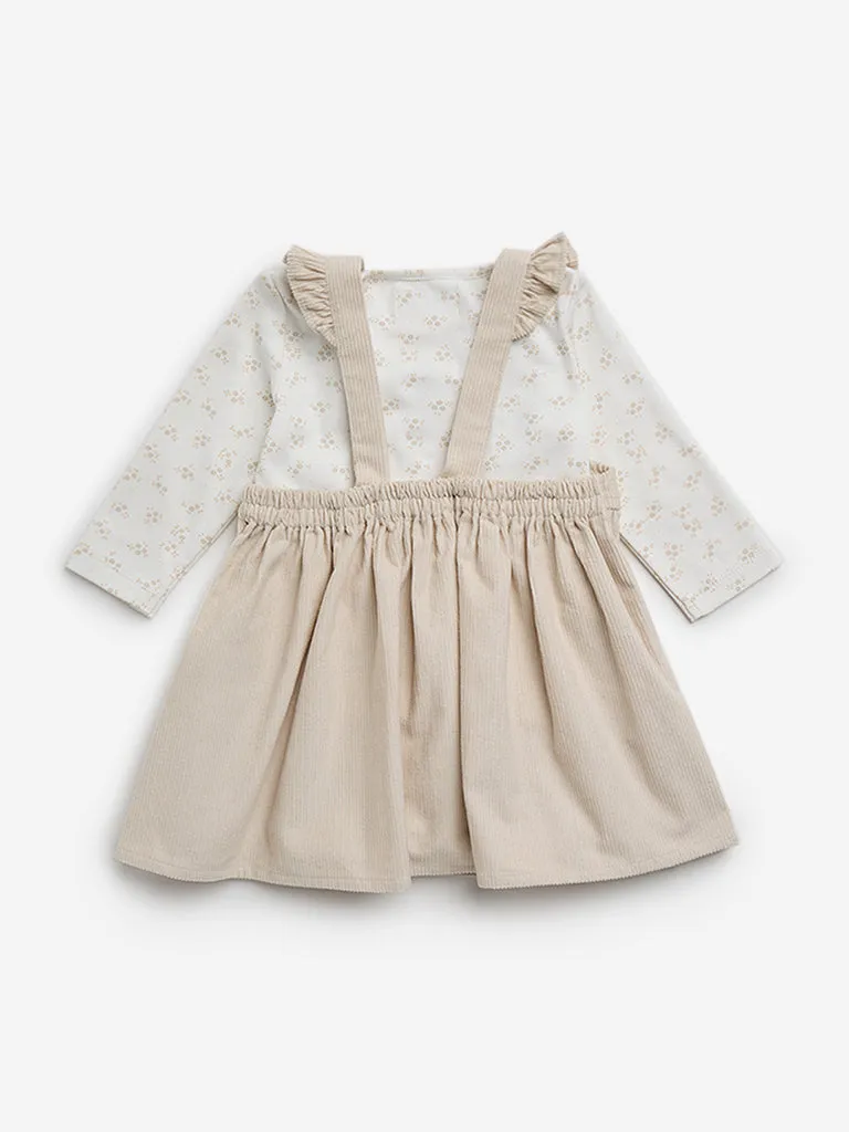 HOP Baby Beige Floral Cotton Pinafore and T-Shirt Set