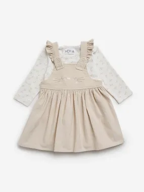 HOP Baby Beige Floral Cotton Pinafore and T-Shirt Set