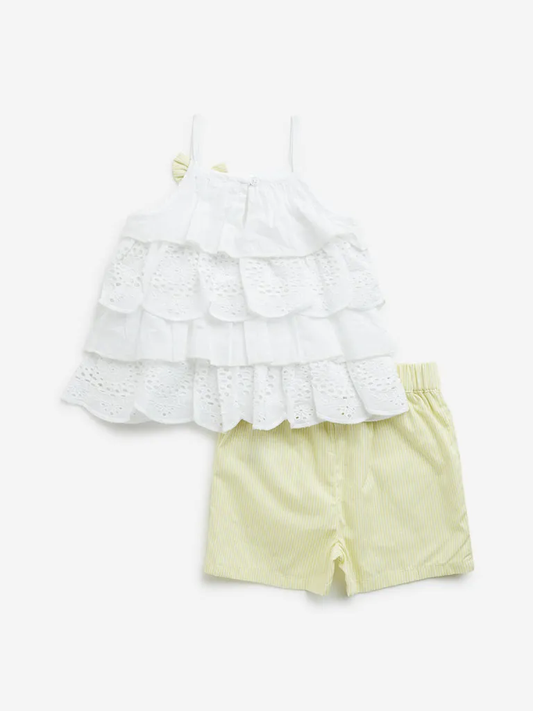 HOP Baby Lime Schiffli Design Cotton Top & Mid-Rise Shorts Set