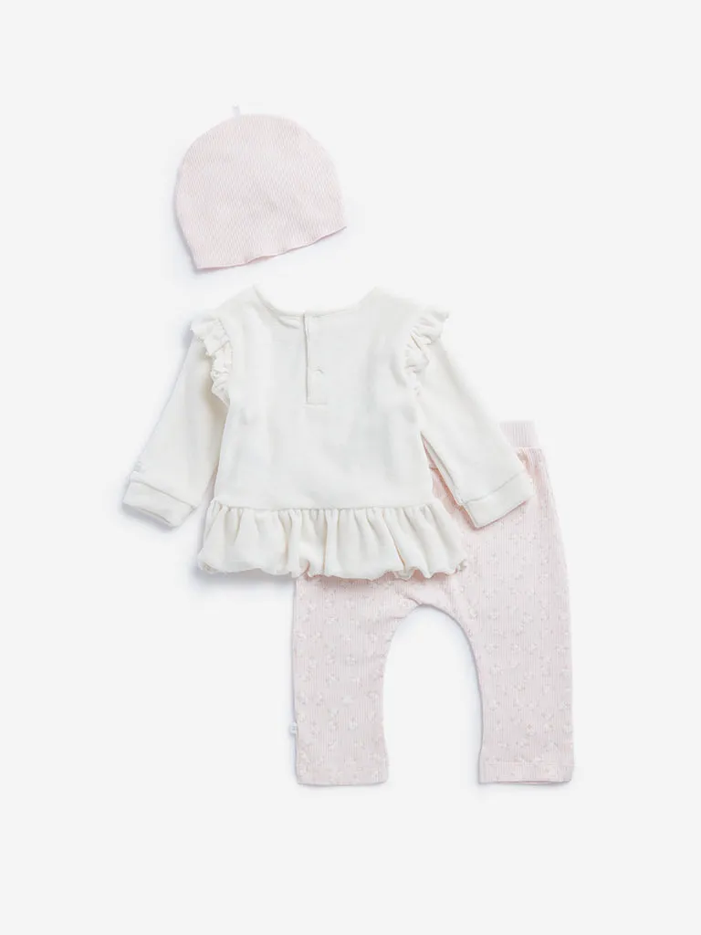 HOP Baby Off-White Bunny Design Cotton Blend Top, Pants and Cap Set