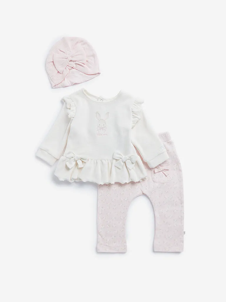 HOP Baby Off-White Bunny Design Cotton Blend Top, Pants and Cap Set